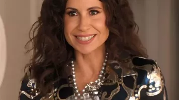 Emily In Paris S05 Minnie Driver Black/Blue Jacquard Blazer as seen in Emily in Paris (S05)