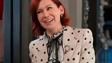 Elsbeth S03 Carrie Preston Polka Dot Bow Crop Blazer worn by Elsbeth Tascioni (Carrie Preston) as seen in Elsbeth (S03E02)