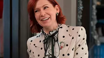 Elsbeth S03 Carrie Preston Polka Dot Bow Crop Blazer worn by Elsbeth Tascioni (Carrie Preston) as seen in Elsbeth (S03E02)