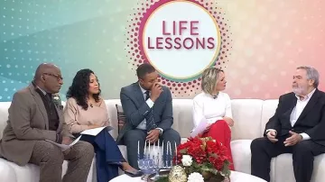 Line & Dot Favorite Geometric Neck Sweater worn by Sheinelle Jones as seen in Today on December 18, 2025