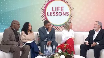 Line & Dot Favorite Geometric Neck Sweater worn by Sheinelle Jones as seen in Today on December 18, 2025