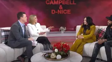 Cinq a Sept Randi Crystal Button Detail Miniskirt worn by Jenna Bush Hager as seen in Today with Jenna & Friends on December 18, 2025