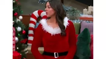 The Thundermans Undercover Kira Kosarin Christmas Santa Jumpsuit worn by Phoebe Thunderman (Kira Kosarin) as seen in The Thundermans: Undercover (S01E26)