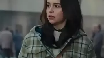 Ponies 2026 Emilia Clarke Check Duffle Coat worn by Bea (Emilia Clarke) as seen in PONIES (S01E01)