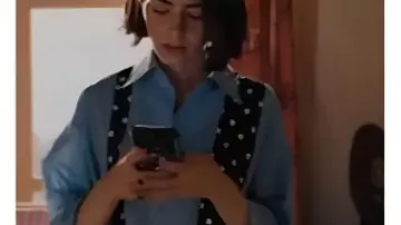 Emily In Paris S5 Lily Collins Polka Dot Tie Print Shirt worn by Emily Cooper (Lily Collins) in Emily in Paris (S05)