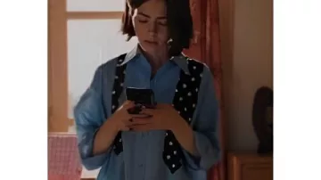 Emily in Paris S05 Lily Collins Shirt With Polka Dot Tie Print worn by Emily Cooper (Lily Collins) as seen in Emily in Paris (S05)