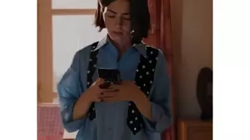Emily in Paris S05 Lily Collins Shirt With Polka Dot Tie Print worn by Emily Cooper (Lily Collins) as seen in Emily in Paris (S05)
