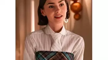 Https://www.victoriajacket.com/wp-content/uploads/2025/12/Emily-In-Paris-S05-Lily-Collins-Neck-Tie-Shirt-4.jpg worn by Emily Cooper (Lily Collins) as seen in Emily in Paris (S05)