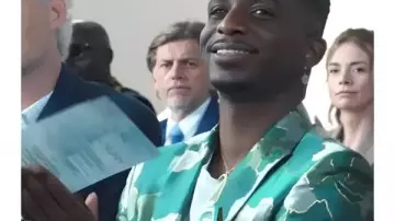 Emily In Paris S5 Samuel Arnold Green AfroCamo Jacket worn by Julien (Samuel Arnold) in Emily in Paris (S05)