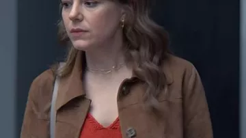 The Revenge Club S1 Emily Hunter Brown Suede Jacket worn by Emily (Aimee-Ffion Edwards) in The Revenge Club (S01)