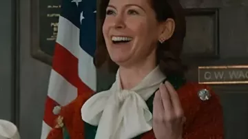 Elsbeth S03 Carrie Preston Red Christmas Cardigan worn by Elsbeth Tascioni (Carrie Preston) as seen in Elsbeth (S03)