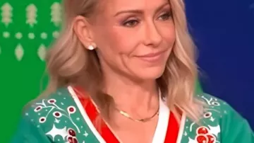 Live With Kelly And Mark Kelly Ripa Christmas Cardigan worn by Kelly Ripa as seen in LIVE with Kelly and Mark