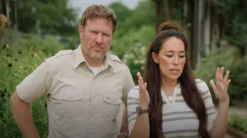 Reformation Campbell Stripe Polo Sweater worn by Joanna Gaines as seen in Fixer Upper: Colorado Mountain House (S01E02)