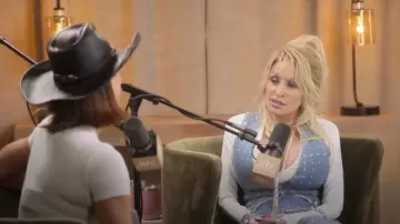 Good American Dolly Crystal Denim Vest worn by Dolly Parton as seen in The Kardashians(S07E09)