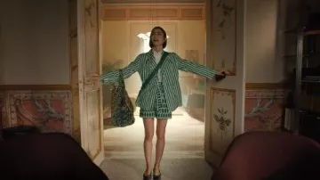 Claudie Pierlot Tie Up Printed Shorts in Cactus worn by Emily Cooper (Lily Collins) as seen in Emily in Paris (S05E01)