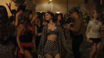 For Love & Lemons Dolly Denim Dot Skort in Indigo worn by Emily Cooper (Lily Collins) as seen in Emily in Paris (S05E02)