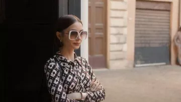 Hugo Boss Layered Cream Acetate Sunglasses worn by Emily Cooper (Lily Collins) as seen in Emily in Paris (S05E02)