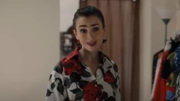 Dolce & Gabbana White Rose Print Tie Front Shirt worn by Emily Cooper (Lily Collins) as seen in Emily in Paris (S05E02)