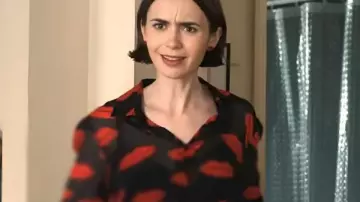 Emily In Paris S05 Lily Collins Lips Printed Blouse worn by Emily Cooper (Lily Collins) as seen in Emily in Paris (S05)