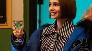 Emily in Paris S05 Lily Collins Blue Embroidered Coat worn by Emily Cooper (Lily Collins) as seen in Emily in Paris (S05)