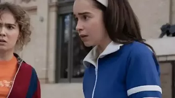 Ponies 2026 Emilia Clarke Blue Track Jacket worn by Bea (Emilia Clarke) as seen in PONIES (S01E01)