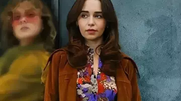 Ponies 2026 Emilia Clarke Brown Suede Coat worn by Bea (Emilia Clarke) as seen in PONIES (S01E01)