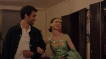 Huishan Zhang Womens Jade Sidra Floral Jacquard Midi Dress worn by Emily Cooper (Lily Collins) as seen in Emily in Paris (S05E03)