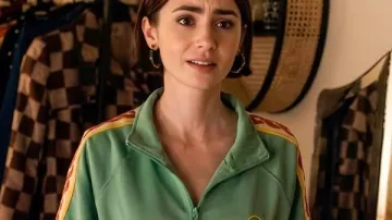 Emily in Paris S5 Lily Collins Green Track Jacket worn by Emily Cooper (Lily Collins) in Emily in Paris (S05)