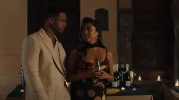 Ottoman Hands Moon Face Pearl Drop Stud Earrings worn by Mindy Chen (Ashley Park) as seen in Emily in Paris (S05E04)