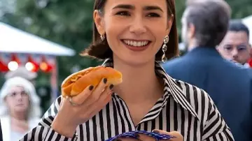 Emily In Paris S5 Lily Collins Striped Puff Sleeve Shirt worn by Emily Cooper (Lily Collins) as seen in Emily in Paris (S05)