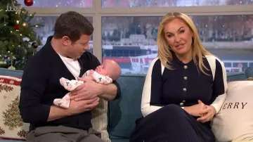 Karen Millen Rib Knit Military Colour Block Midi Dress worn by Josie Gibson as seen in This Morning on December 2025