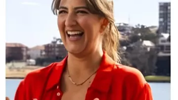 Sunny Nights D’Arcy Carden Red Dragon Shirt worn by Vicki Marvin (D'Arcy Carden) as seen in Sunny Nights (S01E01)