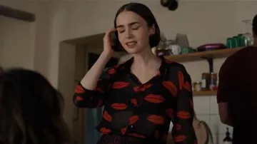 Saint Laurent Lips Georgette Tie Blouse worn by Emily Cooper (Lily Collins) as seen in Emily in Paris (S05E08)