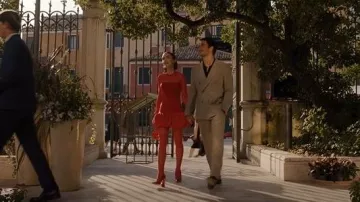 Marine Serre Recycled Monogram Flocked Mesh Tights in Red worn by Emily Cooper (Lily Collins) as seen in Emily in Paris (S05E10)