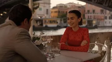 Marine Serre Monogram Mesh Flock High Neck Top in Red worn by Emily Cooper (Lily Collins) as seen in Emily in Paris (S05E10)