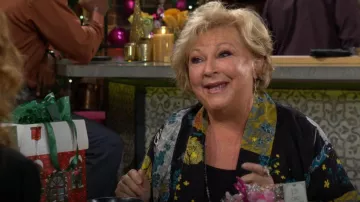 Citron Bohemian Mixed Art in Black Silk Kimono Jacket worn by Traci Abbott ( Beth Maitland) as seen in The Young and the Restless on December 23, 2025