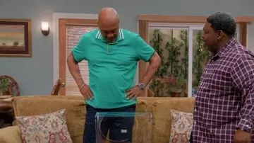 Club Room Short Sleeve Striped-Collar Pique Polo Shirt worn by Floyd (Palmer Williams Jr.) as seen in House of Payne (S14E17)