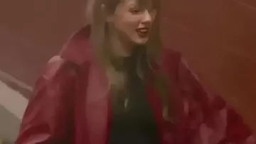 Taylor Swift Chiefs vs Broncos Red Bomber Jacket in Taylor Swift rocks red to support Travis Kelce during Christmas Day Chiefs vs. Broncos game