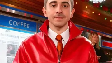 Timothee Chalamet Marty Supreme Red Leather Jacket worn by Marty (Timothée Chalamet) as seen in Marty Supreme