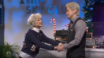 Vintage Tiara Navy Blue Christmas Ugly Cardigan worn by Ariana Grande as seen in Saturday Night Live (S51E09)