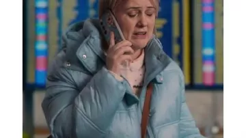 Amandaland 2025 Philippa Dunne Blue Quilted Puffer Jacket worn by Anne (Philippa Dunne) as seen in Amandaland (S01)
