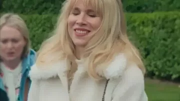 Amandaland 2025 Lucy Punch Coat In White worn by Amanda (Lucy Punch) as seen in Amandaland (S01)