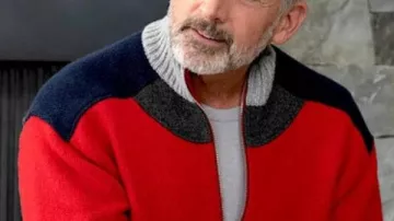 Steve Carell Mountainhead 2025 Red Bomber Jacket worn by Randall Garrett (Steve Carell) in Mountainhead