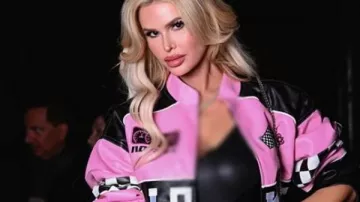 Kina Tavarozi Sanrio Pink Racing Leather Jacket in Kina Tavarozi's Birthday Celebration at Hakkasan for Tiesto