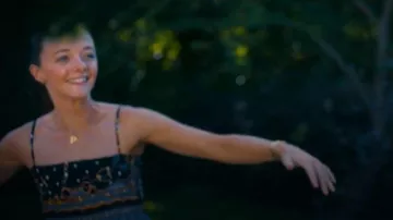 Maje Polka Dot and Chain Print Crop Top worn by Paige Greene (Ellie de Lange) as seen in Run Away (S01E03)