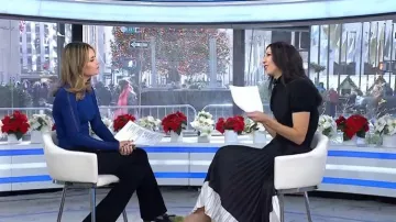 Alice + Olivia Katz Two-tone Pleated Satin Midi Skirt worn by Natalie Azar as seen in Today on January 1, 2026