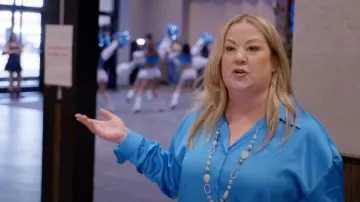 I.N.C. International Concepts Plus Size Satin Silky Shirt worn by Glo Hampton as seen in Dance Moms: A New Era (S02E02)