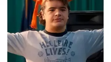 Stranger Things S05 Dustin Grey Hellfire Lives Print T-Shirt worn by in Stranger Things