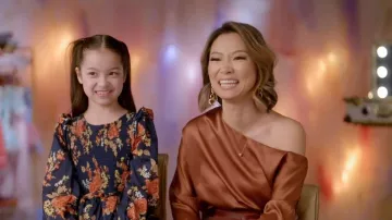 Haichme Asymmetrical Neck Lantern Sleeve Satin Top worn by Tingting von Grolman as seen in Dance Moms: A New Era (S02E04)