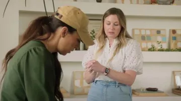 Glamour Fans Georgia Mae Eyelet Bubble Sleeve Blouse worn by Joanna Gaines as seen in Fixer Upper: Colorado Mountain House (S01E02)